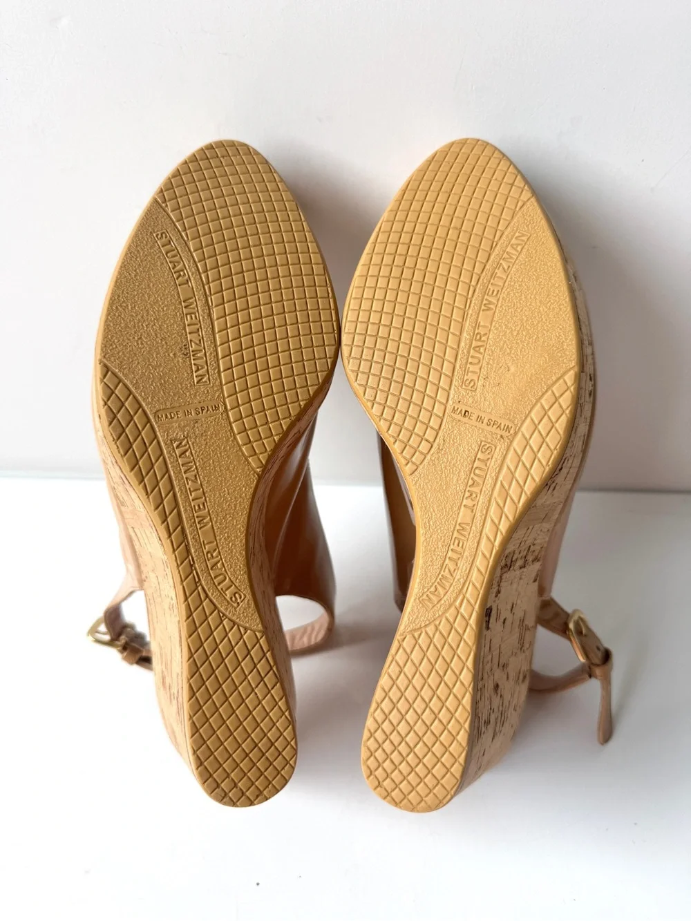 Stuart Weitzman Riviera Nude Patent Slingback Cork Platform Wedge Sandals Size 9